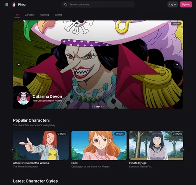 Pinku AI homepage showing the anime character gallery with Cartoon, Gaming, and Anime tabs