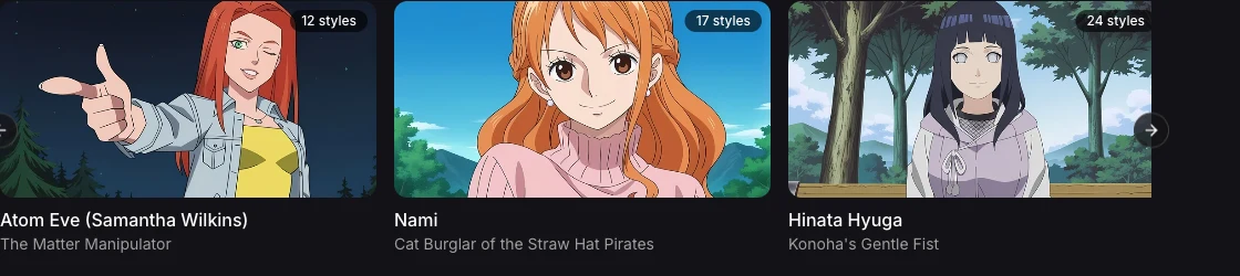 Pinku AI character gallery showing anime and cartoon characters across four tabs